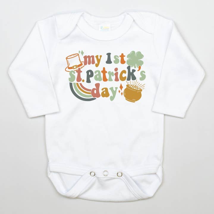 Retro First St. Patrick's Day | White Bodysuit for wholesale by Cuddle Sleep Dream