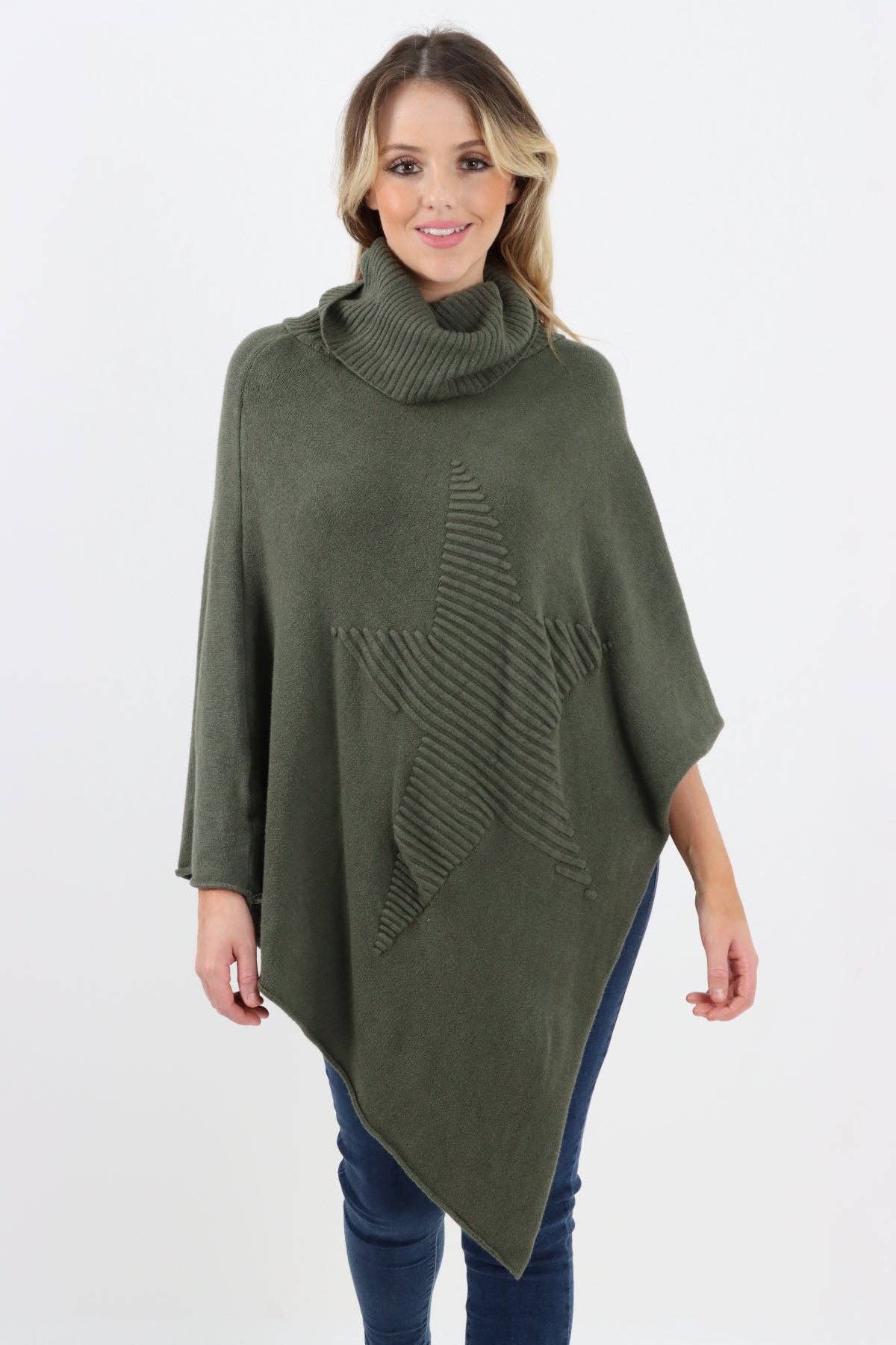 Miss Bold – Engroshandel Poncho - Dame – Italiensk strikket lagenlook poncho med stjernemønster og rullekrave16