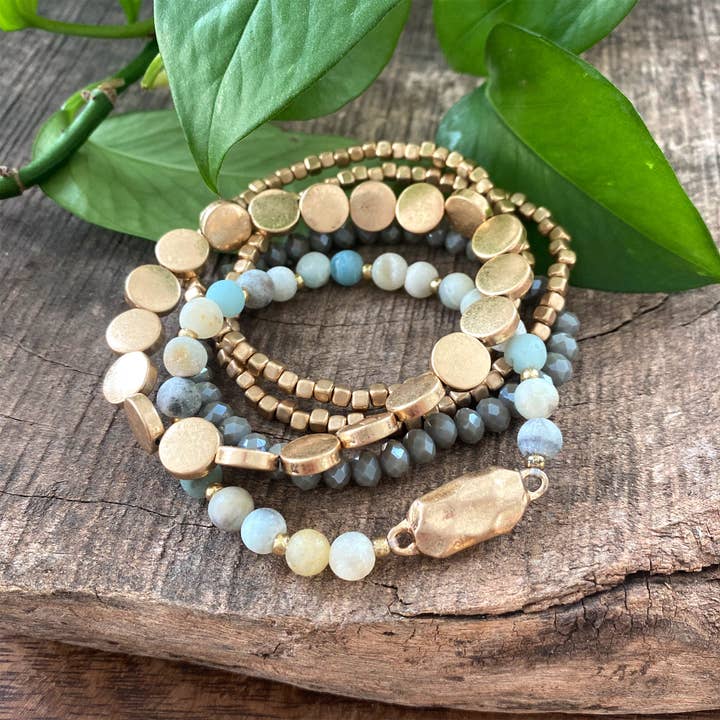 PennyLine inc - Wholesale Jewelry Set - 5 piece Boho Beaded Bracelets Stack Semi Precious Metal Glas