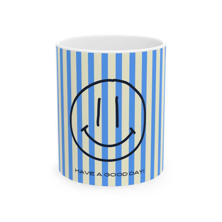 Smiley Face BLUE Stripe Ceramic Mug – "Have a Good Day" Coffee Cup for wholesale by MARA Style