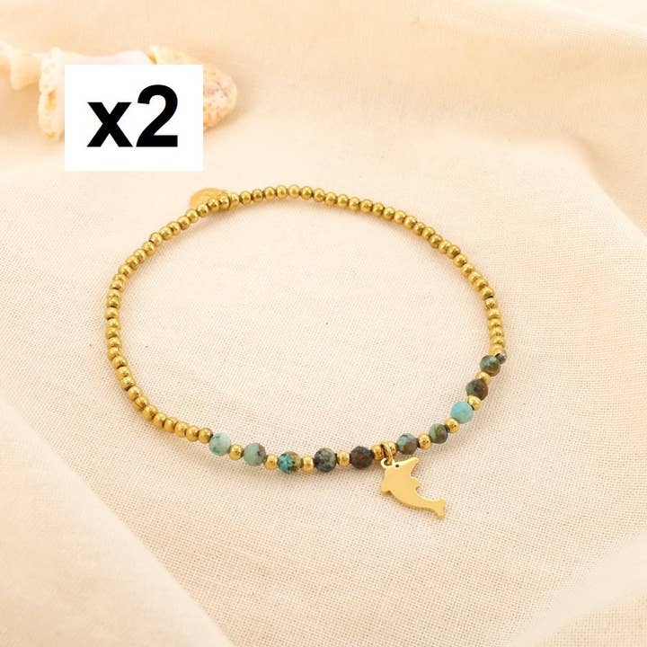 2 thin elastic steel dolphin stone bracelets 0225191 for wholesale by Lilas de Seine