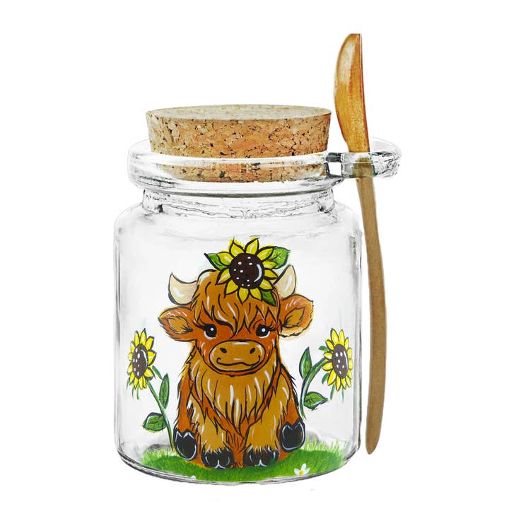Highland Cow Sunflower Hand-painted Honey Jam Candy Jar for wholesale by Classy Art Designs, LLC