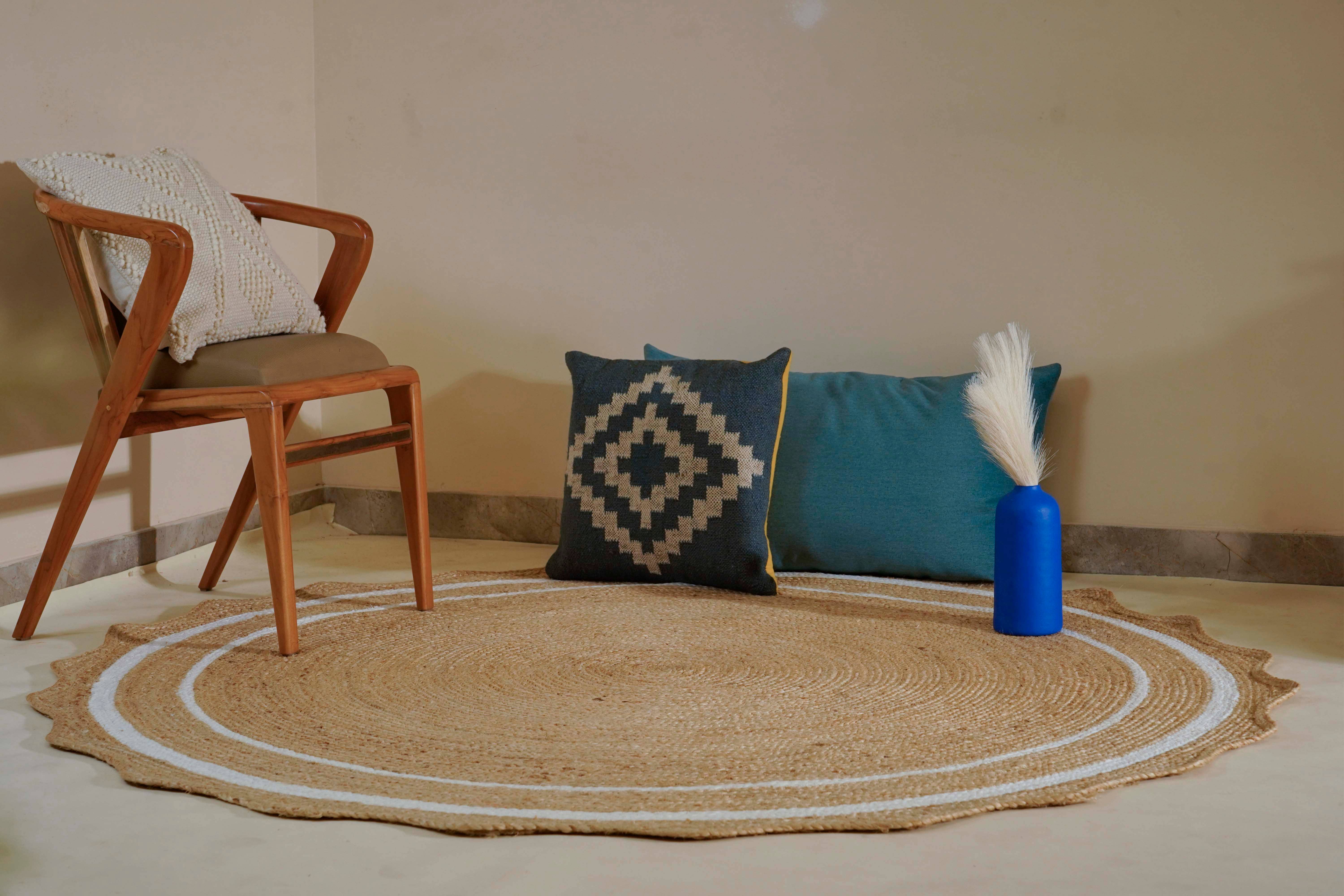 Chouhan Rugs - Wholesale Area Rug - Handmade Round Scalloped Jute Rug White Double Border Rug2