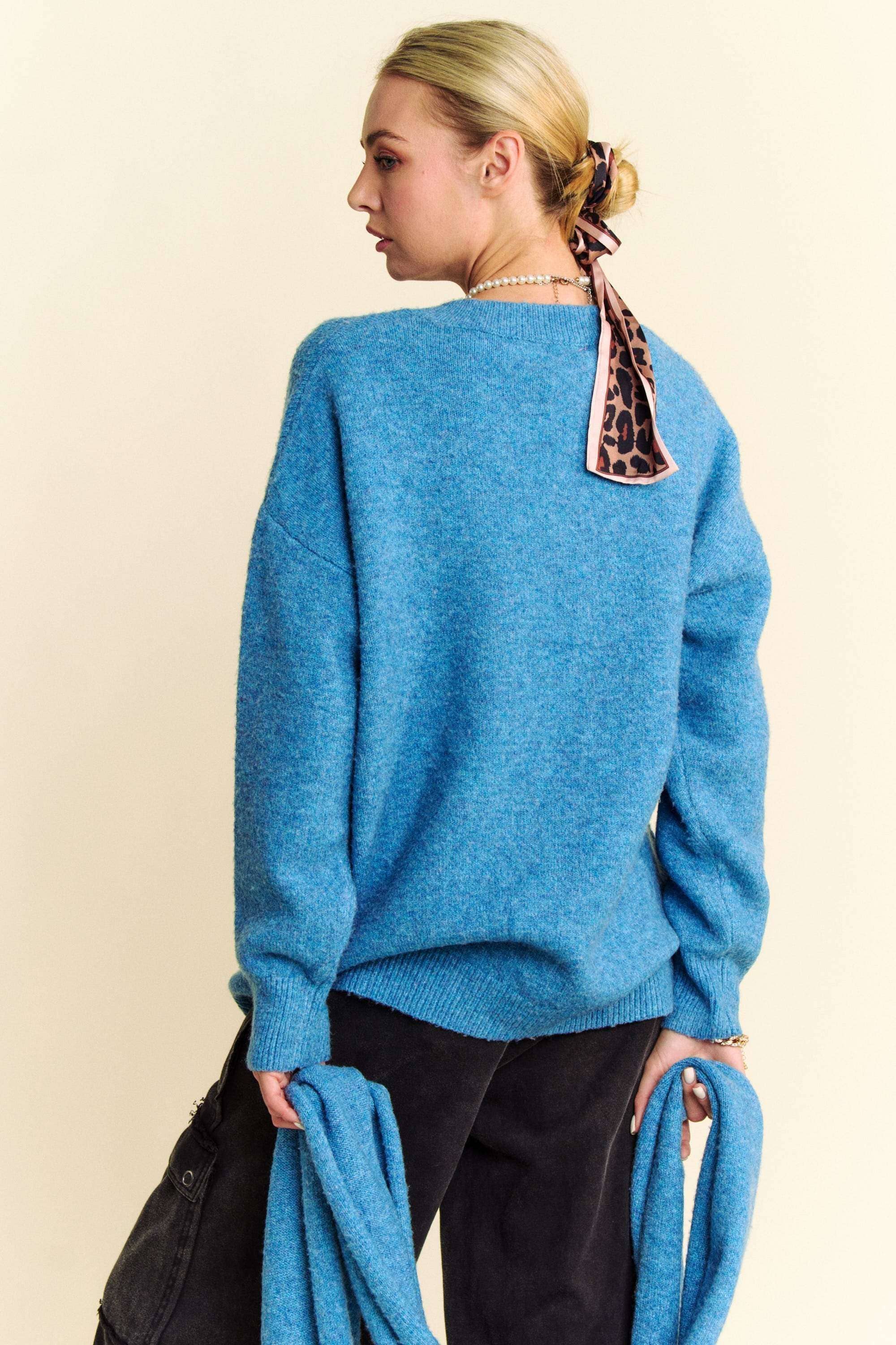 Davi & Dani - Vente Ensemble haut et pantalon (PAS d'intérieur) - Femme - ENSEMBLE PULL À MANCHES LONGUES ET COUPE AMPLE UNI AVEC ÉCHARPE2