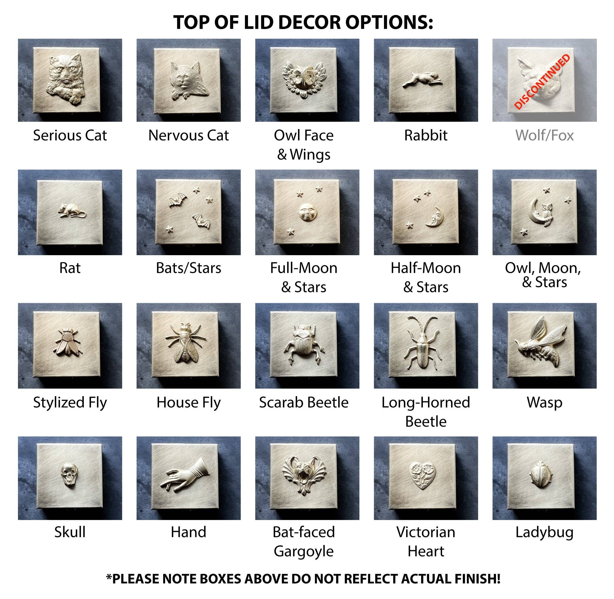 Metal Cloth & Wood - Wholesale Decorative Box - Customizable 1.5" Square Brass Pill or Trinket Box with Your Choice of 3D Lid Decor — Choose Skull, Animals, Insects, or Celestial Motifs!1