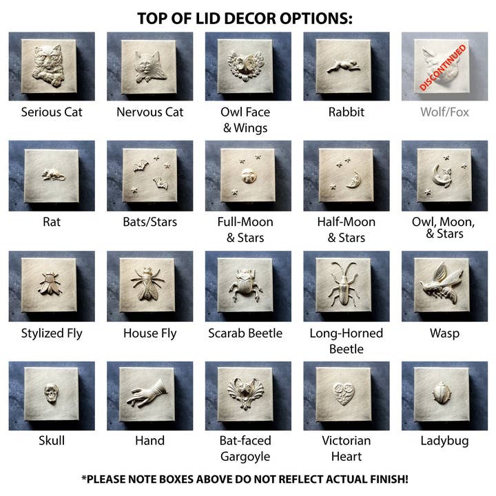 Metal Cloth & Wood - Wholesale Decorative Box - Customizable 1.5" Square Brass Pill or Trinket Box with Your Choice of 3D Lid Decor — Choose Skull, Animals, Insects, or Celestial Motifs!1