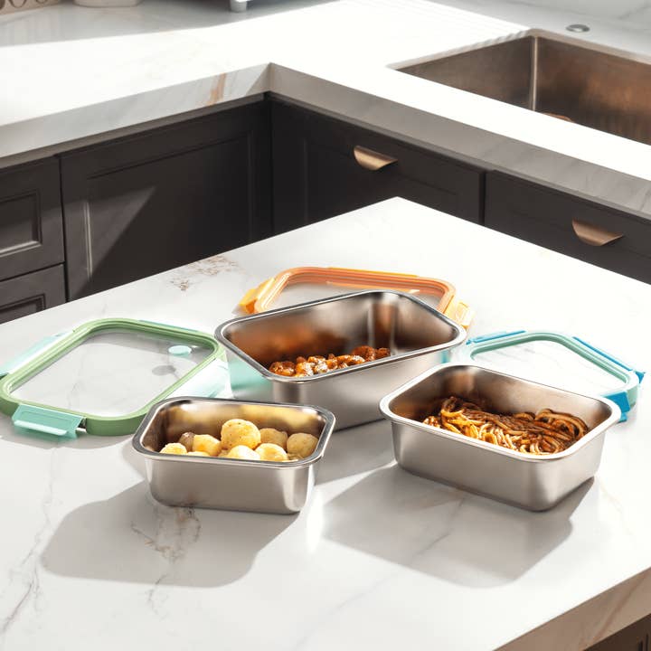 Genicook Product LLC - Wholesale Food Storage Container - Genicook Mix & Match Stainless Steel Microwave Safe Container Set with Glass Lids
