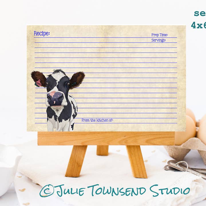 Julie Townsend Studio - Wholesale Recipe Card - Recipe Cards - Set of 12 Adorable Cow Recipe Cards
