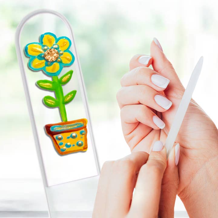 Bloomin Dawn Teal Flower Pot Hand Painted Crystal Nail File for wholesale by Classy Nail Files
