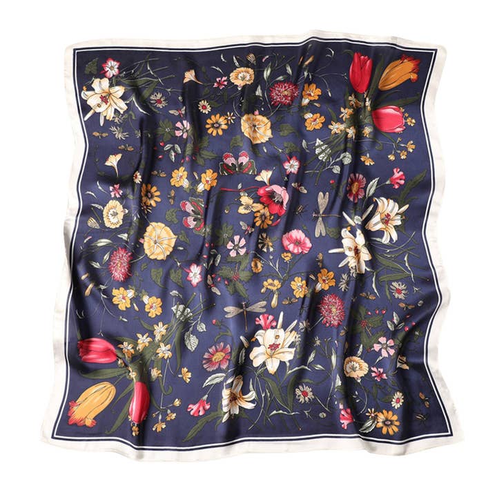 AK Brand - Wholesale Scarf - Women's - Satin Floral Print Square Scarf with Elegant Vintage Inspire