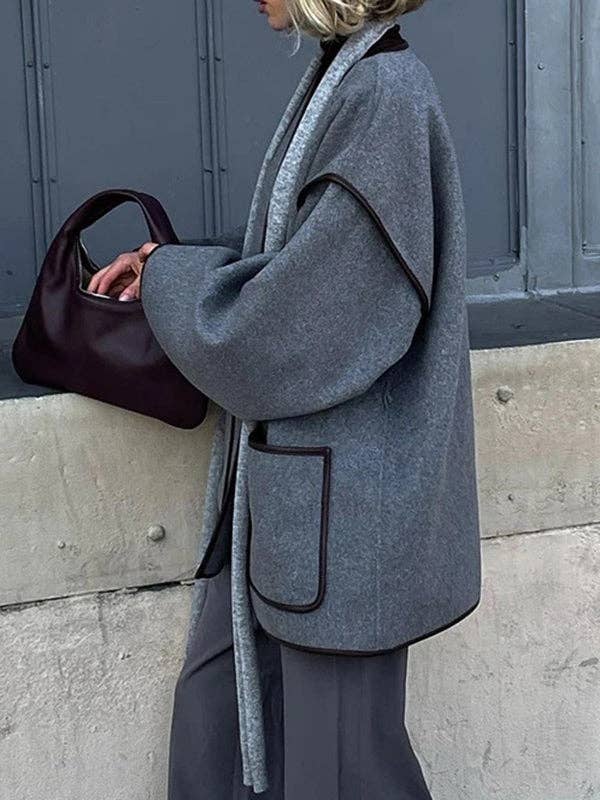 GRAY Long Sleeves Loose Pockets Solid Color Split-Joint Tied Waist V-neck Woolen Coat for wholesale on Faire6