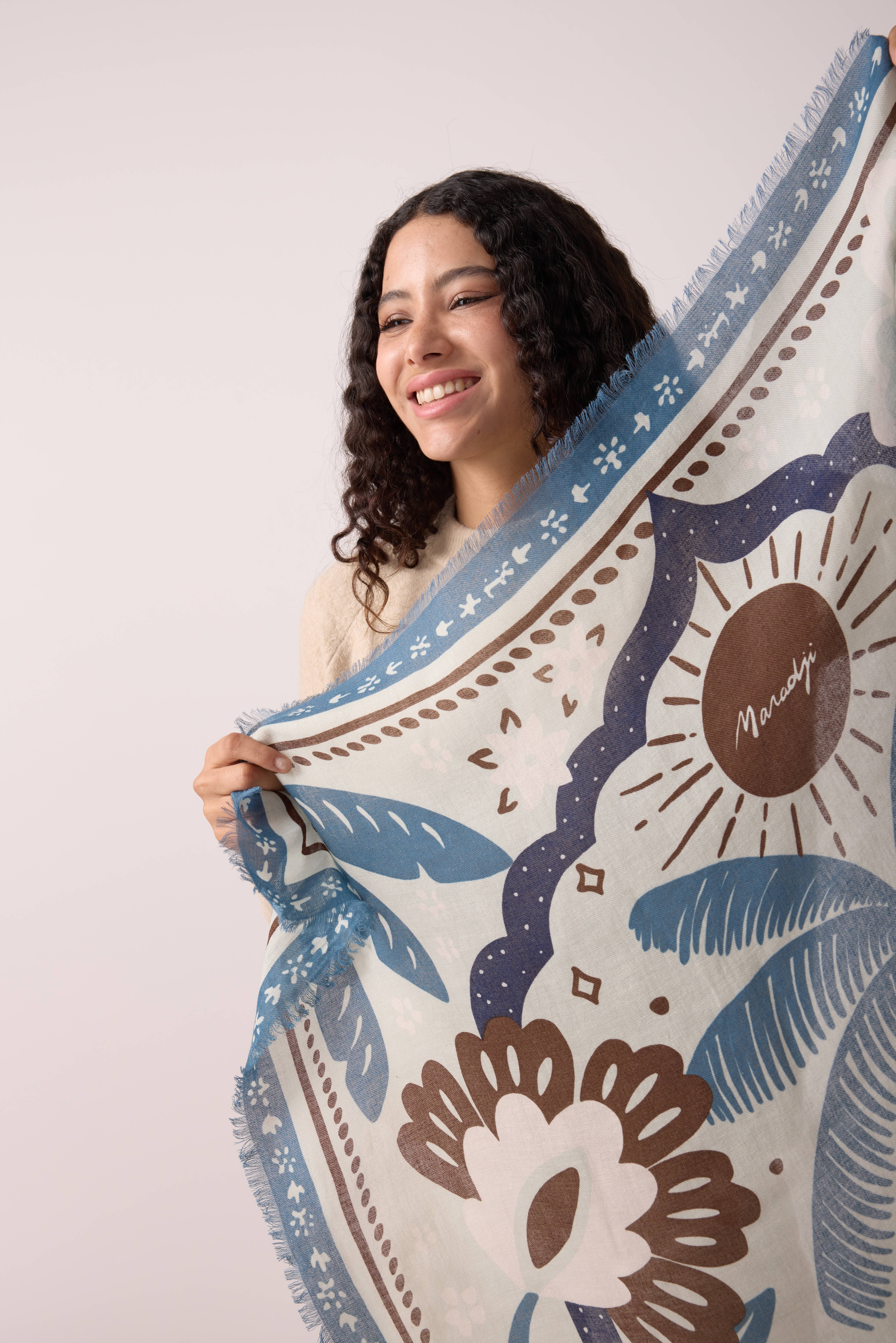 Maradji – wholesale Scarf – Women's – WOOL SCARF TIGER IN THE PALMERAIE STORM BLUE3