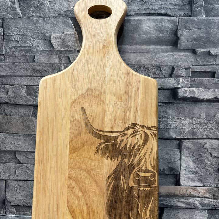 Highland Cow Engraved Wooden Paddle Board –Serving & Display for wholesale by mayos makers