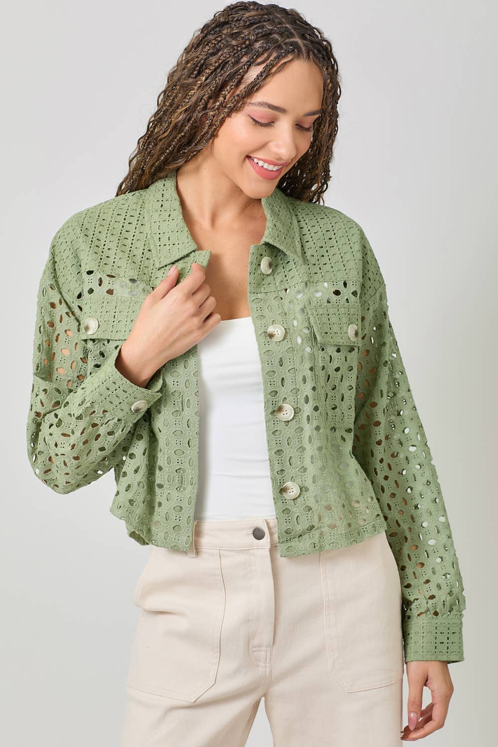 Mystree - Wholesale Jacket - Women's - 61096 Button Down Mixed Eyelet Jacket 8