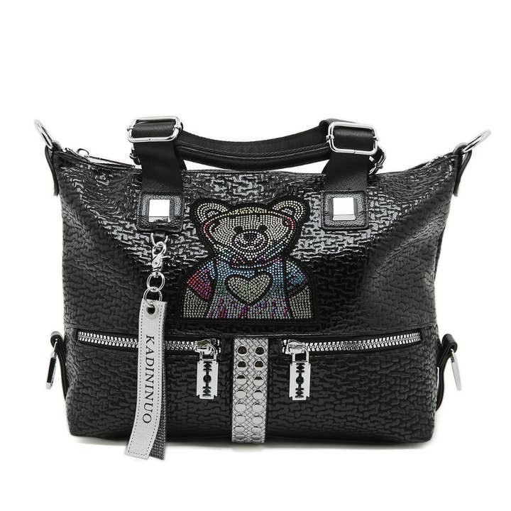 PEACH ACCESSORIES - Wholesale Shoulder Bag - Women's - Chic Hobo Bag with Rhinestone Teddy Bear in Black 8074