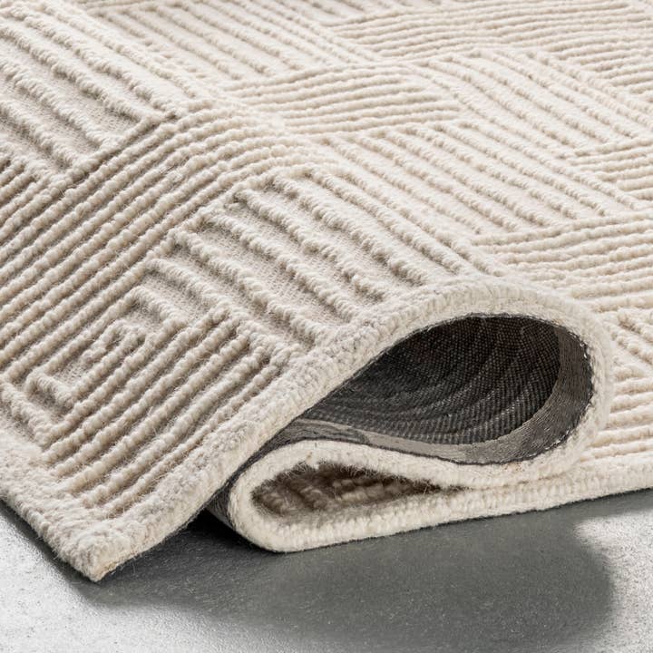 Ivory Mallory Hooked Wool Geometric High Low Textured Area Rug for wholesale on Faire