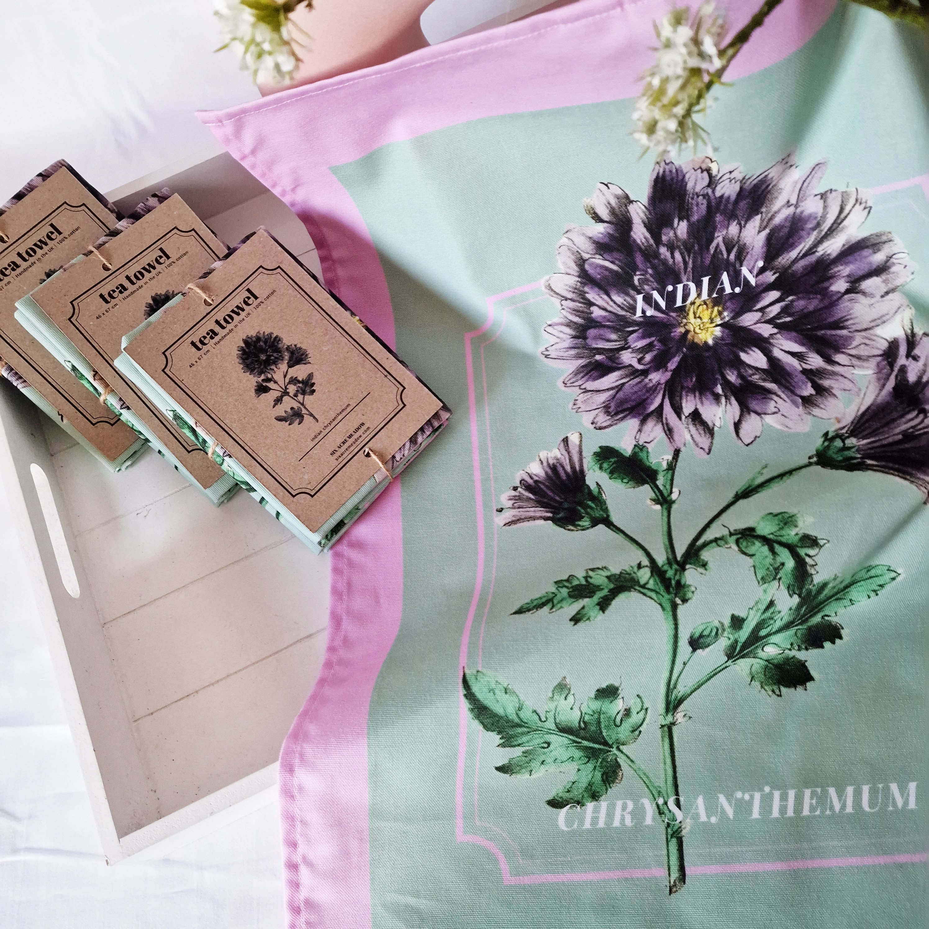 Six Acre Meadow – wholesale Tea towel – Organic Cotton Indian Chrysanthemum Print Tea Towel5