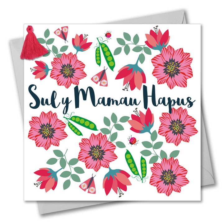 Welsh Mother's Day Card, Sul y Mamau Hapus, Flowers & Peas, Tassel Embellished for wholesale by Claire Giles Ltd