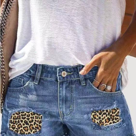 Calções de Ganga para Mulher com Remendo de Leopardo e Bainha Desfiada por atacado de Tourtiwi