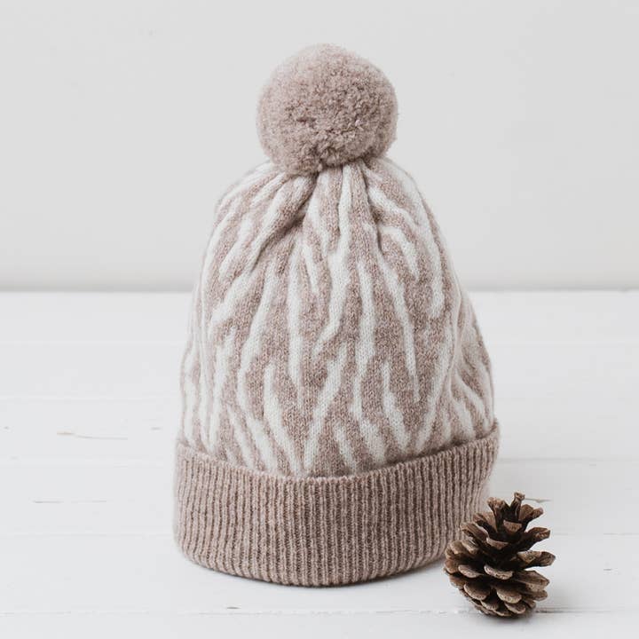Zebra pom pom hat - cobble and white for wholesale by Miss Knit Nat