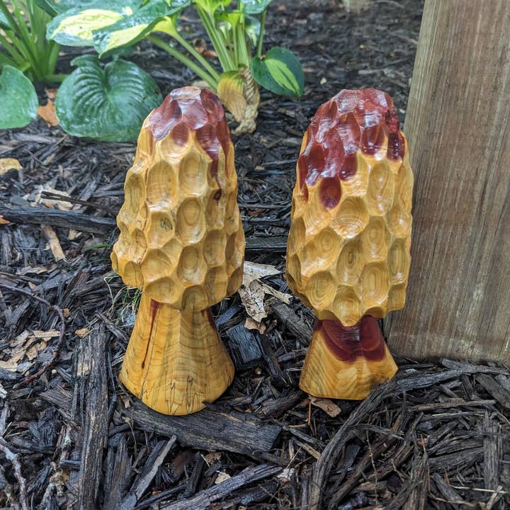 Red Chainsaw Carving of Morel Mushroom, Cedar Log Morel Mushroom carving, Made in USA for wholesale on Faire