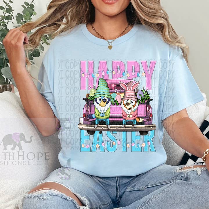 FaithHopeFashionsLLC - Wholesale Screen Printed T-Shirt - Women's - Happy Easter Bluey Shirt