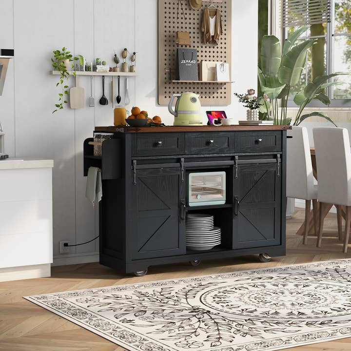 Orange County Decor - Wholesale Kitchen Storage/Organizer - K&K 53.7" Farmhouse Kitchen Island With Power Outlet, 2 Sliding Barn Door Kitchen Storage Island With Drop Leaf, Spice Rack Rolling Kitchen Cart On Wheels, For Home, Kitchen And Dining Room, Black6