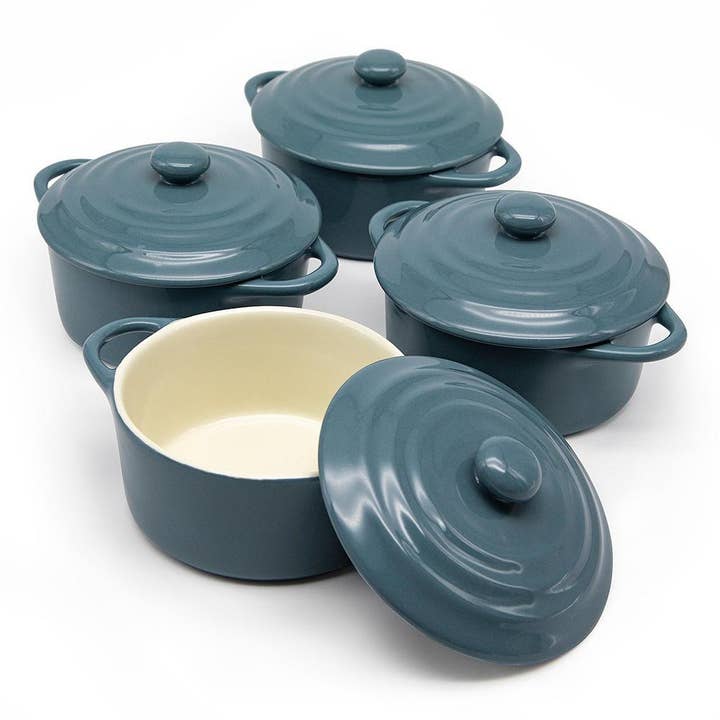 Kook - Wholesale Baking Dish - Kook Mini Casserole Dishes & Lids, Ceramic, 12 oz, Set of 4