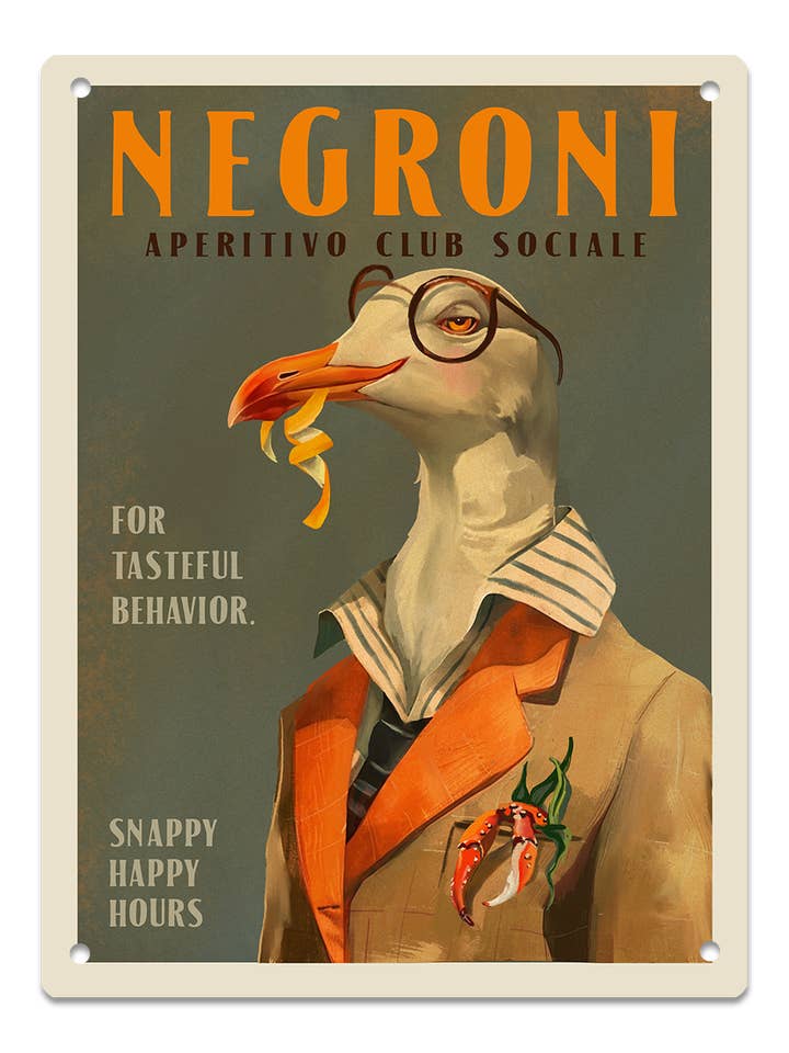 Negroni Cocktail Seagull Metal Art Print. Vintage Liquor Art for wholesale by Mid State Signs