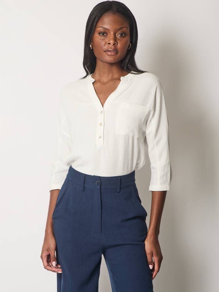 Linen Blend Buttoned Blouse - White for wholesale by SOLO