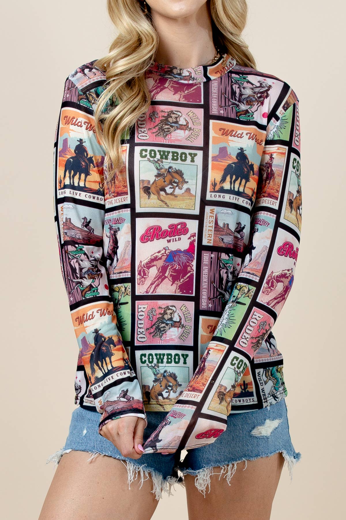 T1509-6305-Karen Rodeo Wild  Mesh Print Top for wholesale on Faire2