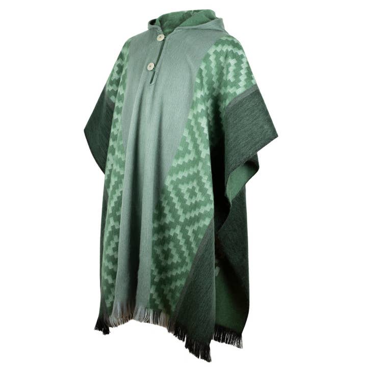 Machachi - Letvægts Baby Alpaca Hætteklædte Poncho - Emerald Grøn - Diamanter Mønster - Unisex for engroshandel hos ECUALAMA