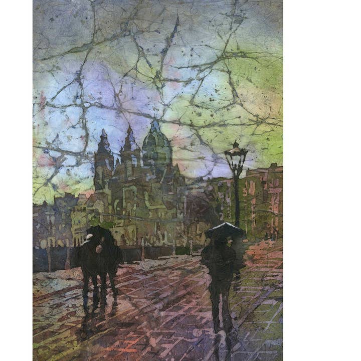 Painting of Amsterdam, Netherlands. Watercolor batik painting artwork Amsterdam landscape art church batik painting sunset decor Netherlands (print) for wholesale by Ryan Fox Fine Art