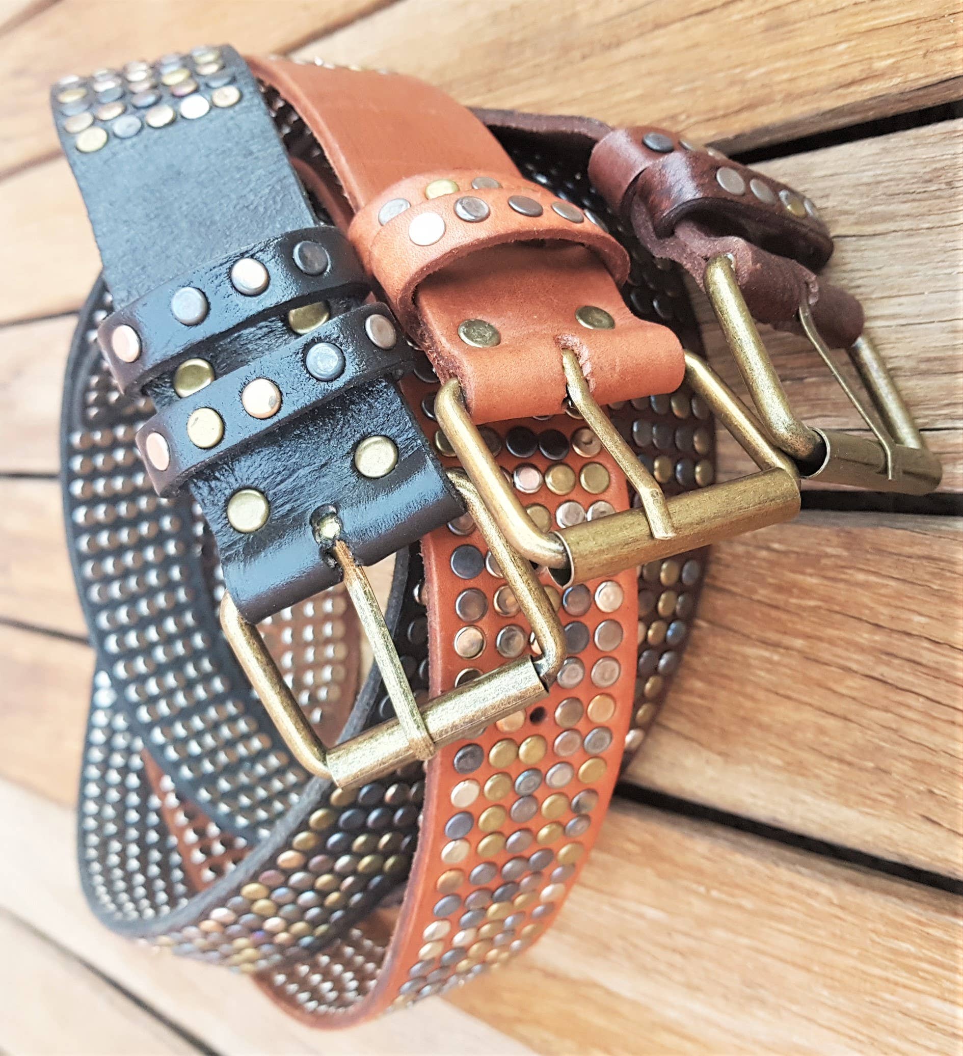 FBandCo – Engroshandel Bælte - Unisex – Bælte, (4 cm) Håndlavet med Nitter i Læder, Messingspænde.5