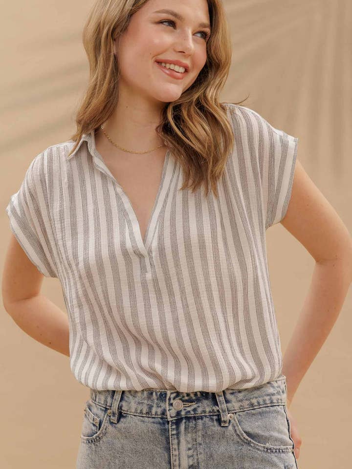 Blu Pepper - Wholesale Blouse - Women's - STRIPE COLLARED CUFF SLEEVE LIGHTWEIGHT SHIRT