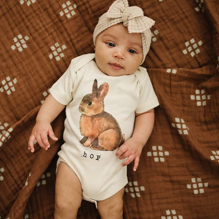 Hop Easter Bunny Rabbit Organic Baby Onesie for wholesale by Urban Baby Co.