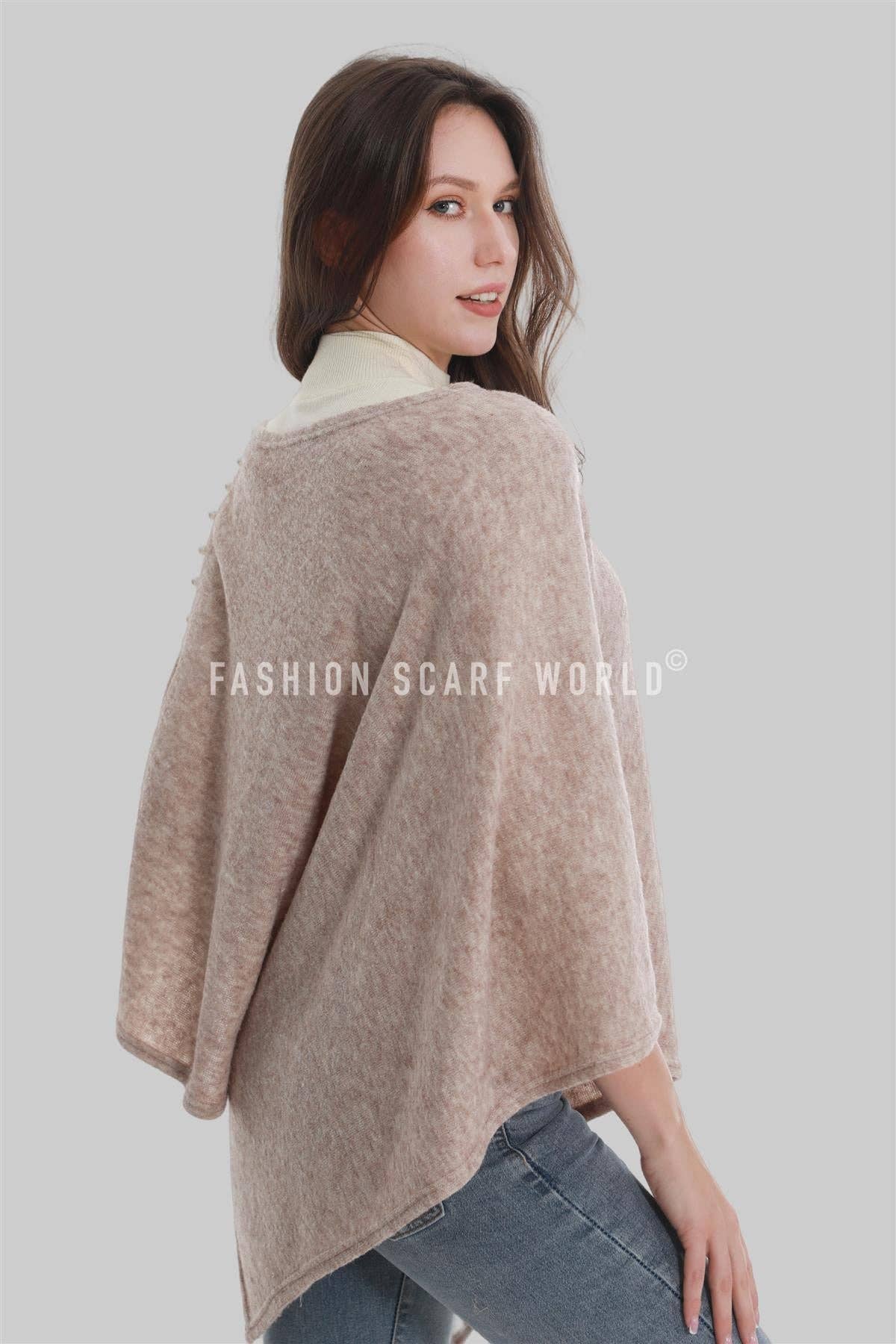 Fashion Scarf World - Wholesale Poncho - Women's - Plain Wool Knit Poncho With Pearl Detailing2