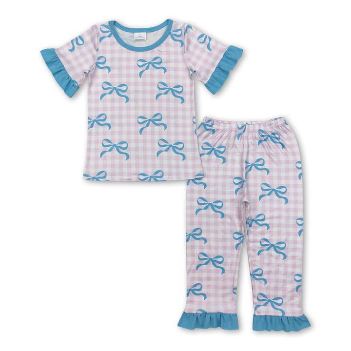 Short sleeves pink plaid bow baby girls pajamas for wholesale by Yawoo Garments