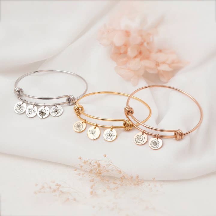 Custom Engraved Birth Flower Charm Bracelet Jewelry for wholesale by Anavia