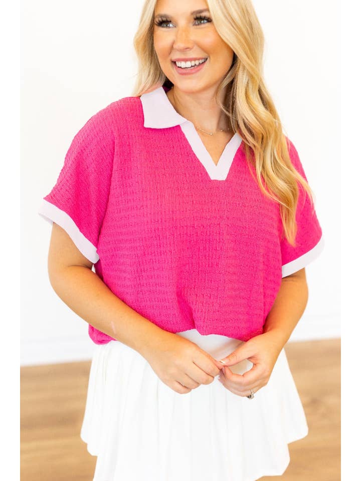 Pink Textured Polo Top, Hot Pink/White for wholesale on Faire