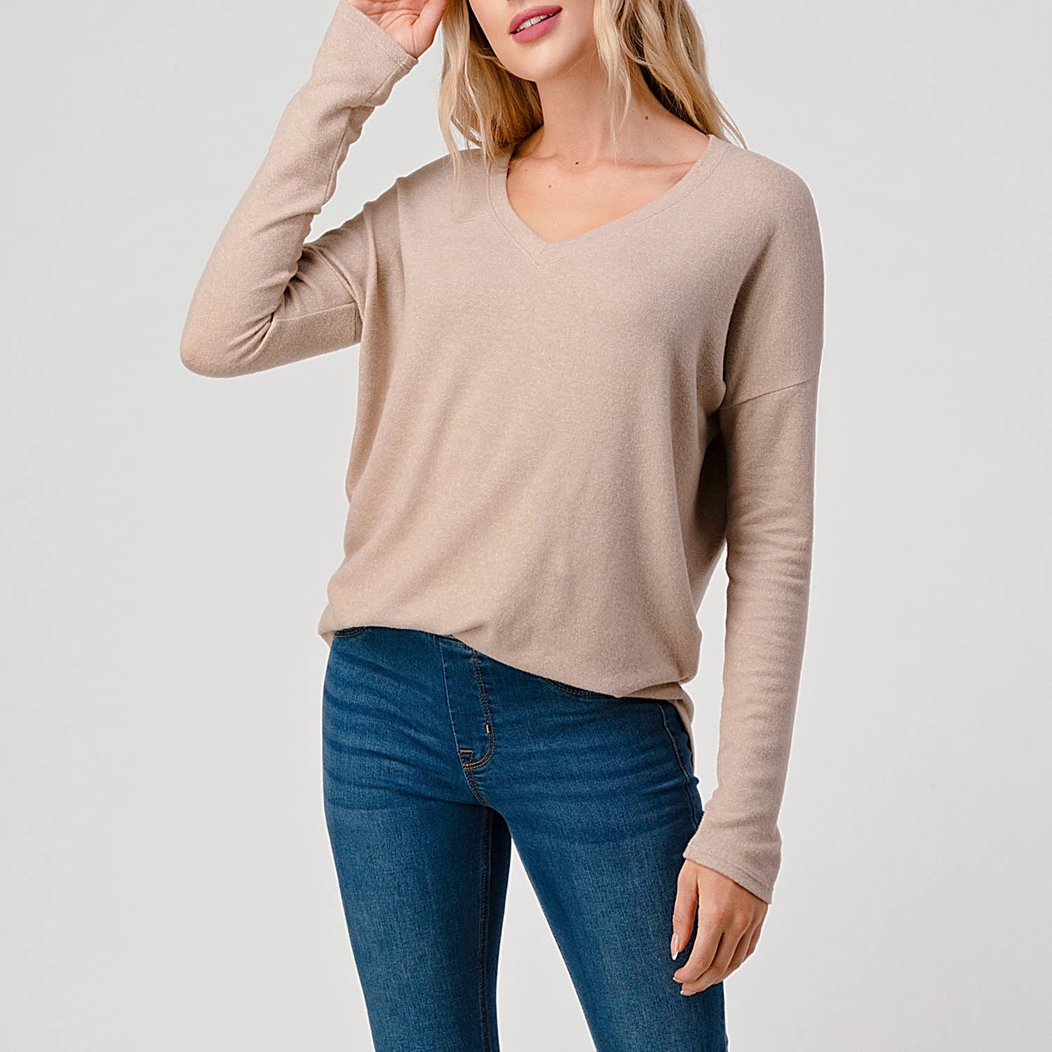 Heimious - Wholesale Knit Top - Women's - Long Sleeve V-neck Brushed Knit Top, 273818