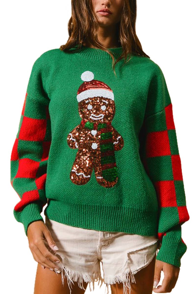 Vanilla Monkey - Wholesale Knit Sweater - Women's - Sequin Gingerbread Checker Christmas Sweater0