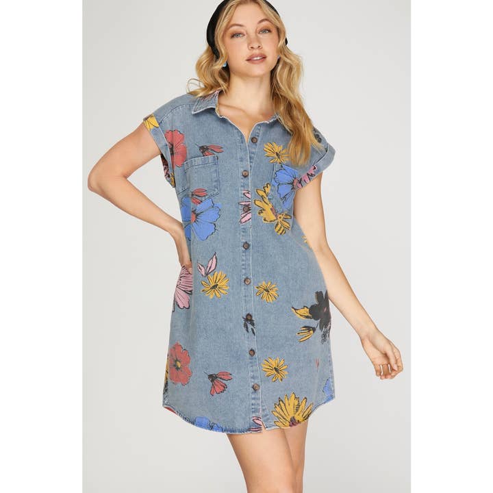 FLOWERS PRINT DENIM SHIRT DRESS for wholesale by STYLE USA