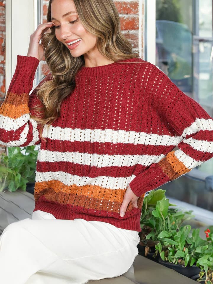 Mehrfarbiger Gestreifter Rundhals Pullover mit Langen Ärmeln VT82851 für den Großhandel von Vine & Love