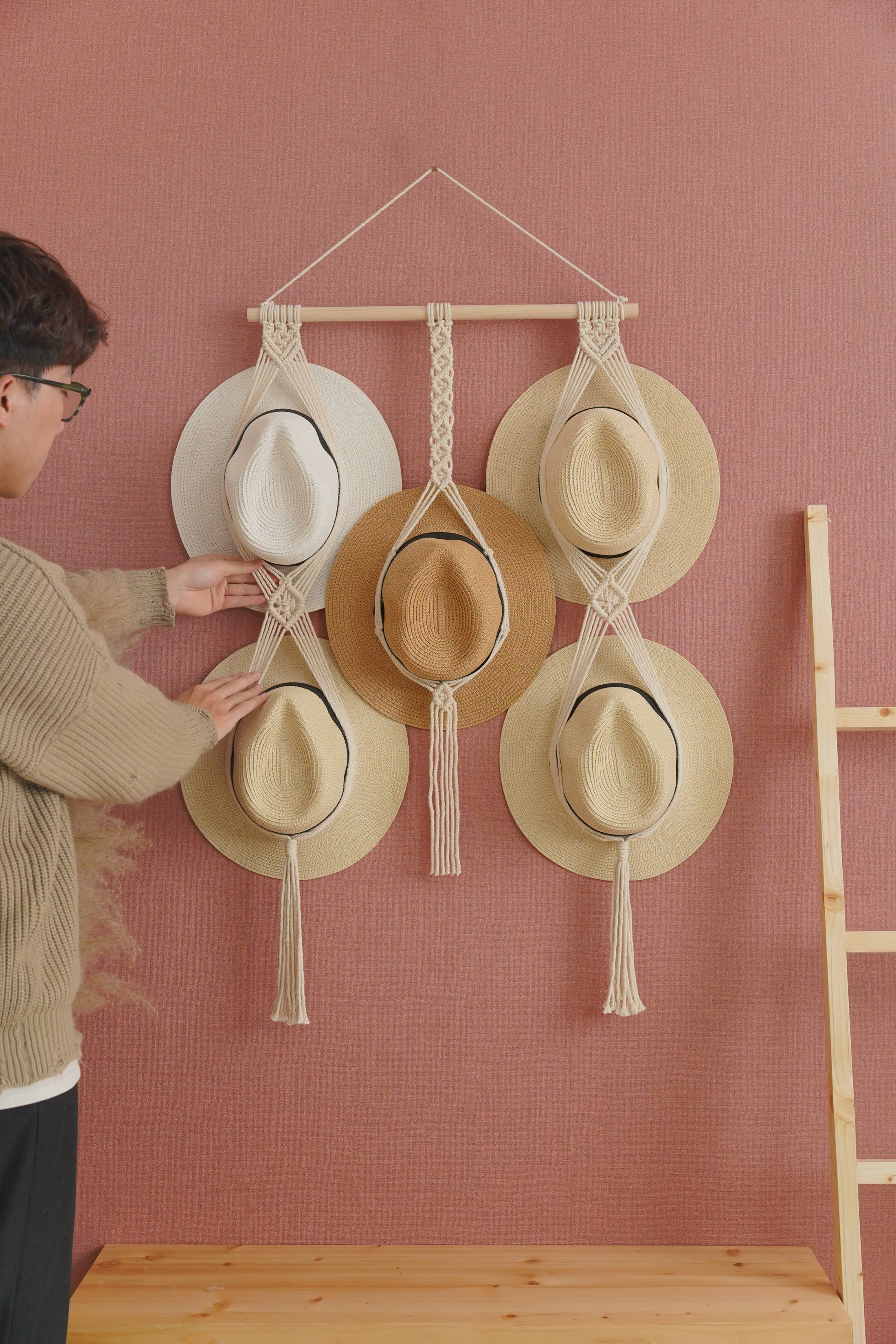 BeanDaikon - Vendita all'ingrosso Portacappelli - Espositore per cappelli in macramè, decorazione da parete, H128