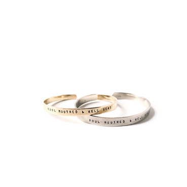 Snarky Stamped Cuff Edgy Jewelry Foul-Mouthed & Hell Bent for wholesale by Lux + Luca Jewelry Co.