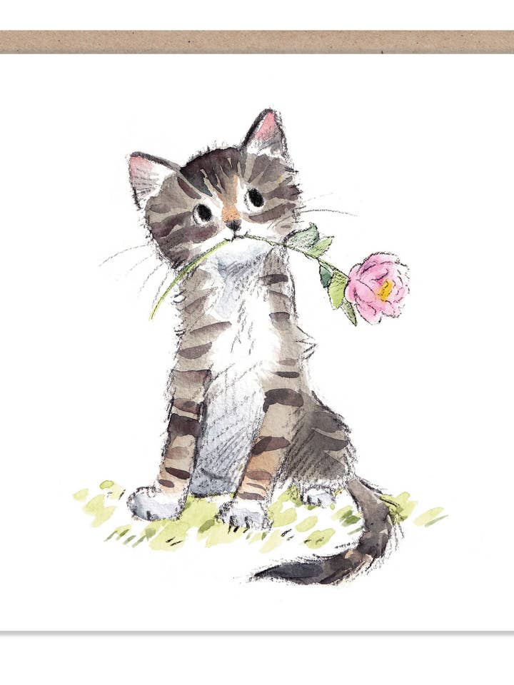 Blank kort - kat med blomst for engroshandel hos Paper Shed Design Ltd