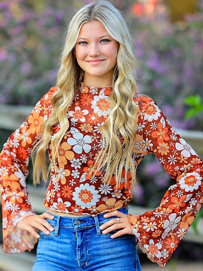 Orange flower multi Mesh cropped printed top for wholesale on Faire0