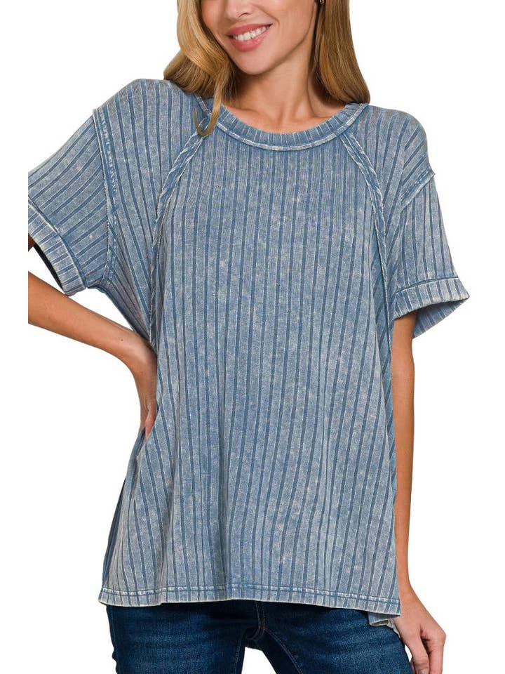 Vanilla Monkey - Wholesale Knit Top - Women's - Acid Washed Ribbed Short Sleeve Boat-neck Top