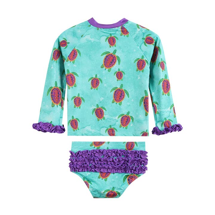 Lil Cactus - Wholesale Rashguard Set - Kids - Special Purchase -Turquoise Turtle Ruffle Rashguard 2 pc Set